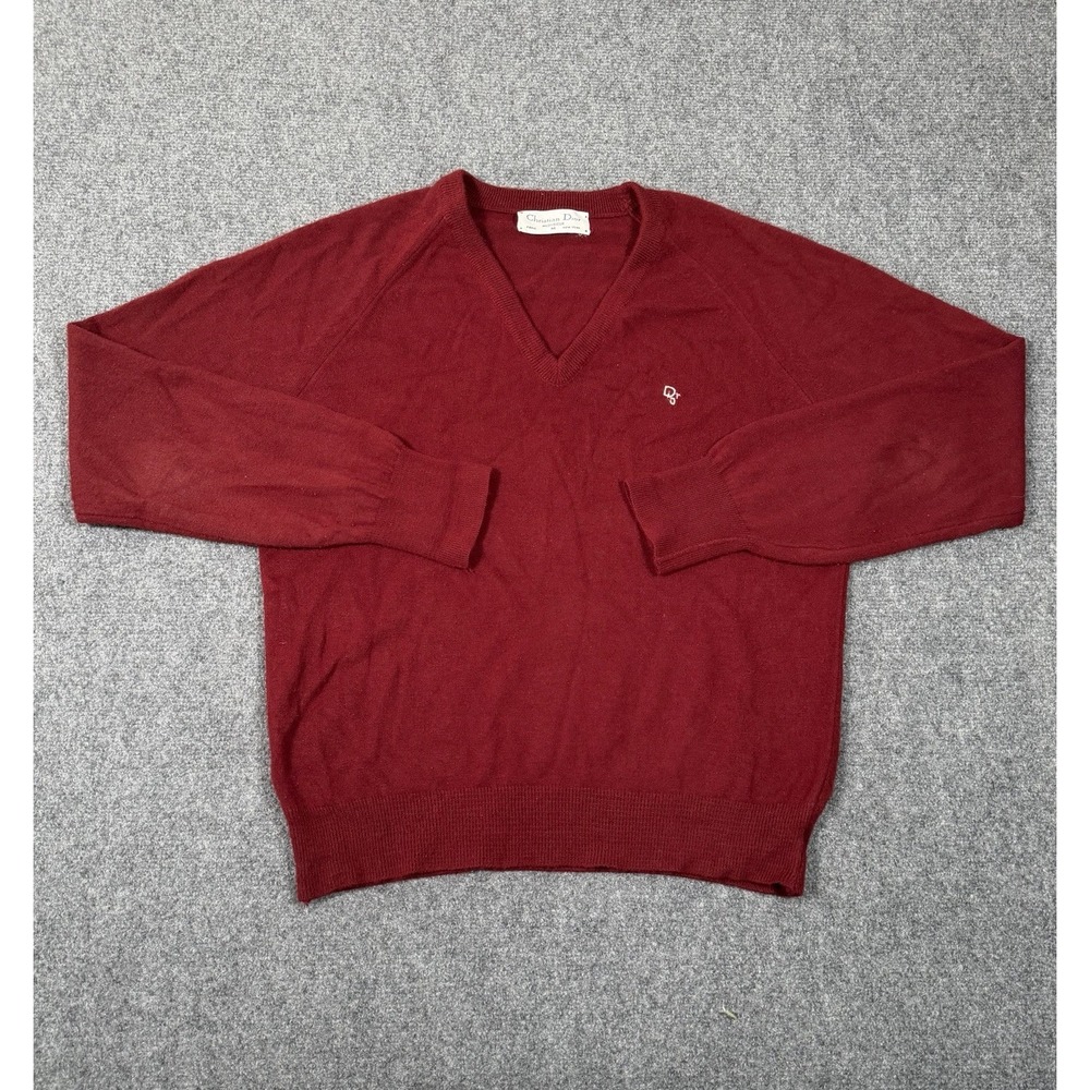 Vintage Christian Dior Monsieur Sweater V Neck Mens Medium Red Orlon Acrylic USA